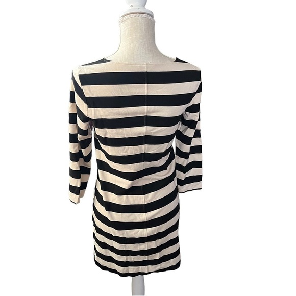 Theory Women Cream & Black Striped Long Sleeve Round Neck Mini Shift Dress Sz M - Picture 4 of 15